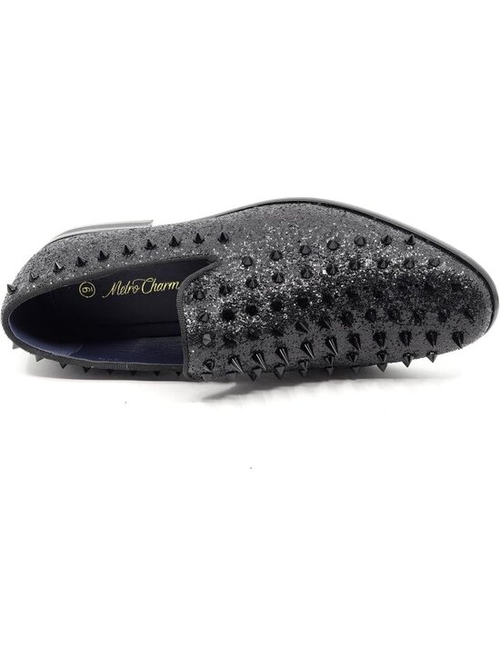 Metrocharm Men\'s Black Sparkly Glitter Spike Sequin Tuxedo Loafer Slip On Shoes main image 6